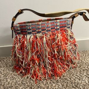 Tory Burch Fringe Metallic Tweed Shoulder Bag
